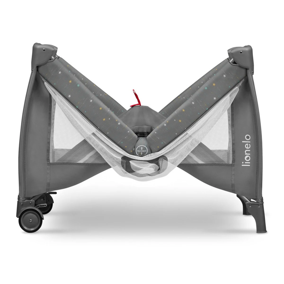 Patut pliant, Lionelo, Stefi Plus, Cu doua nivele, Cu intrare laterala cu fermoar, 2 roti, 120 x 60 cm, Gri/ Multicolor [8]