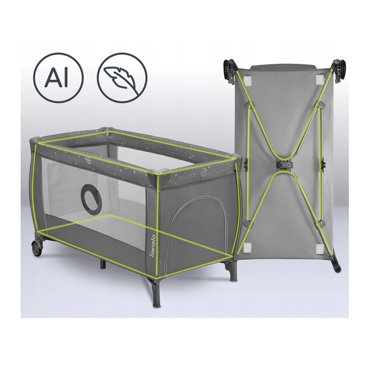 Patut pliant, Lionelo, Stefi Plus, Cu doua nivele, Cu intrare laterala cu fermoar, 2 roti, 120 x 60 cm, Gri/ Multicolor [17]