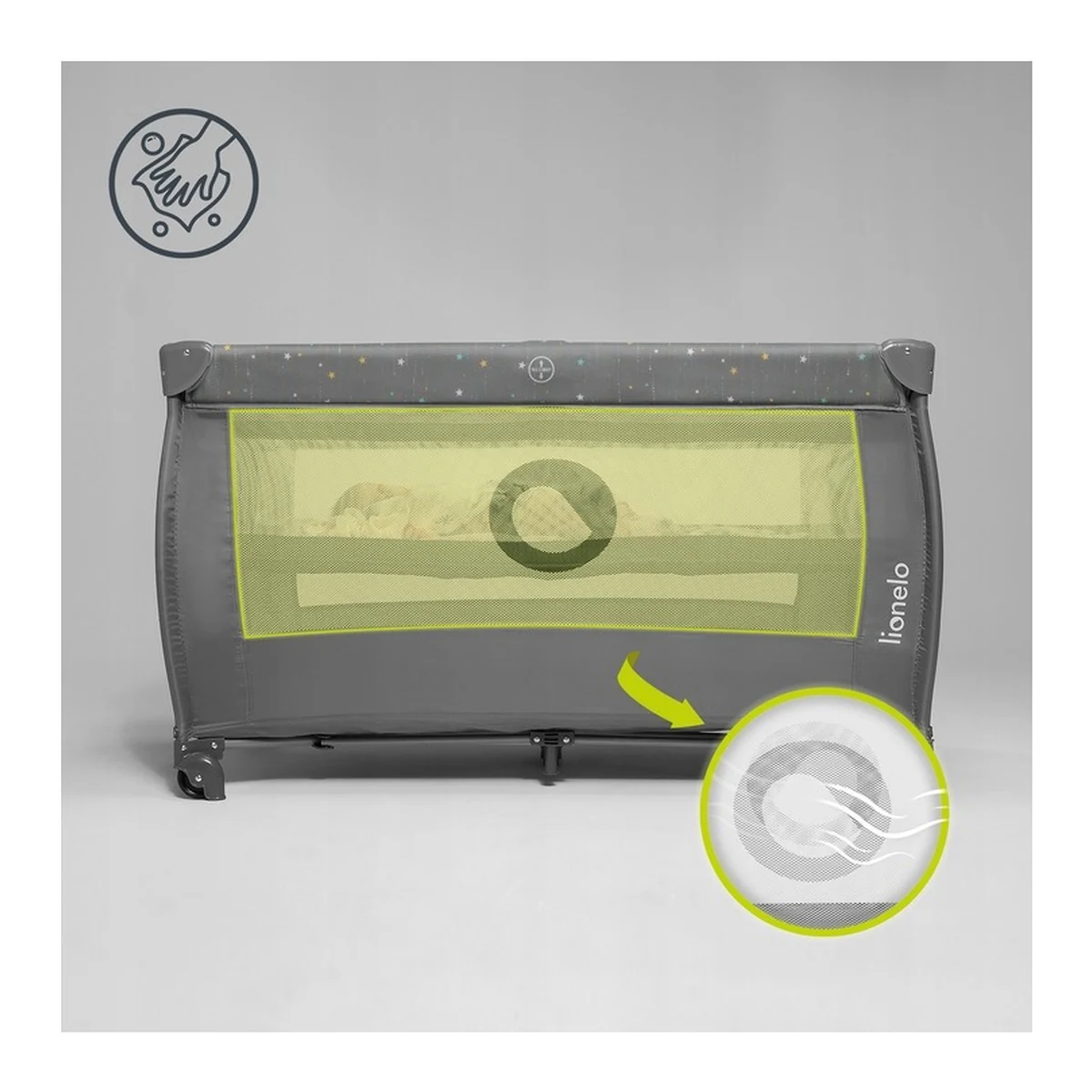 Patut pliant, Lionelo, Stefi Plus, Cu doua nivele, Cu intrare laterala cu fermoar, 2 roti, 120 x 60 cm, Gri/ Multicolor [12]