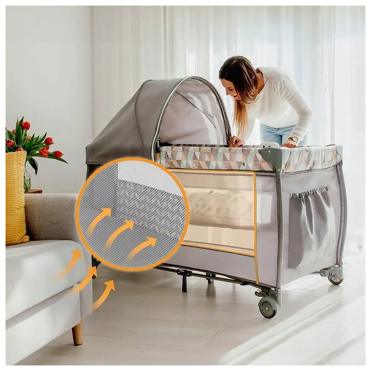 Patut pliant, Lionelo, Sven Plus, 120x60 cm, doua nivele, arcada jucarii, masuta de infasat, Grey Scandi 36 luni [25]