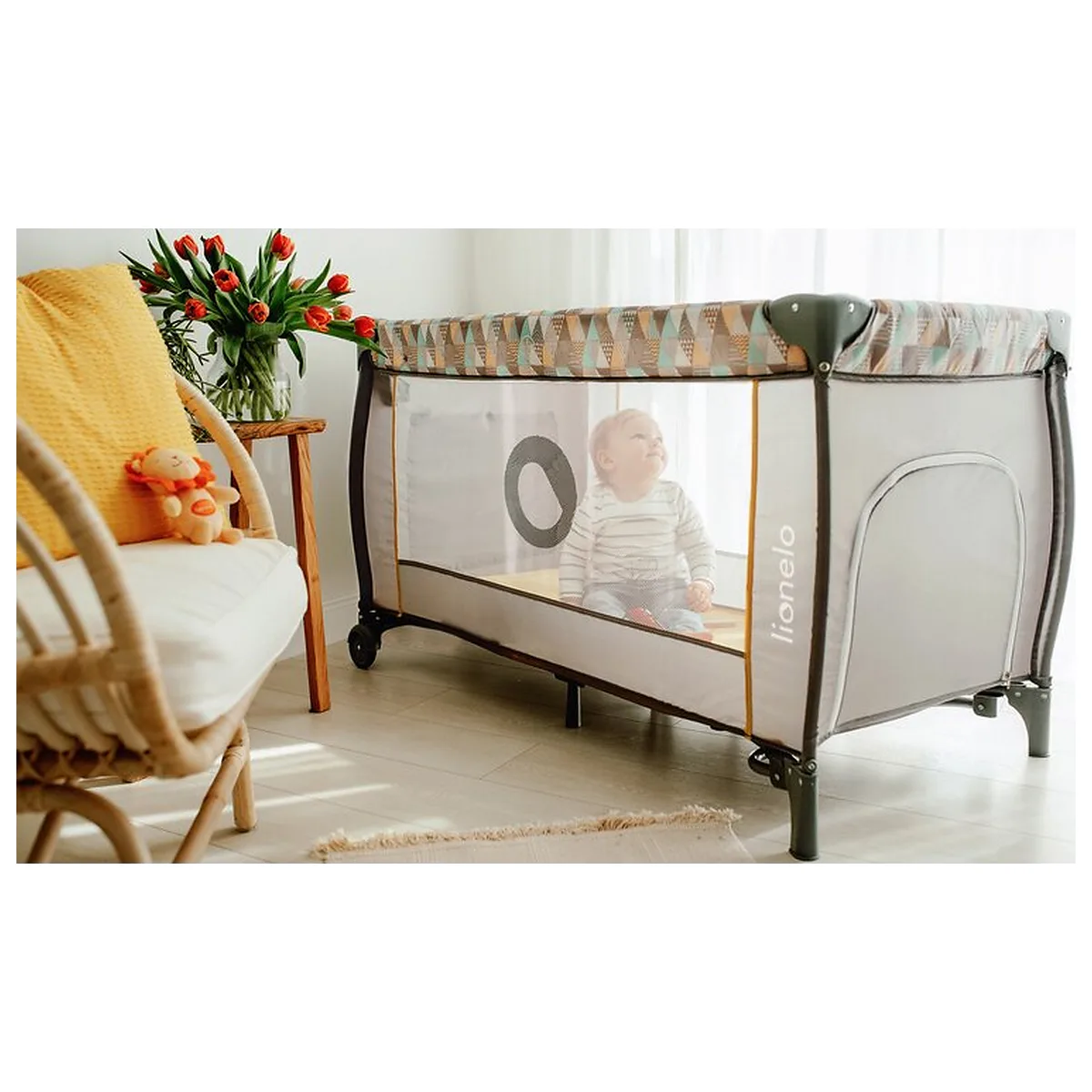 Patut pliant, Lionelo, Sven Plus, 120x60 cm, doua nivele, arcada jucarii, masuta de infasat, Grey Scandi 36 luni [26]