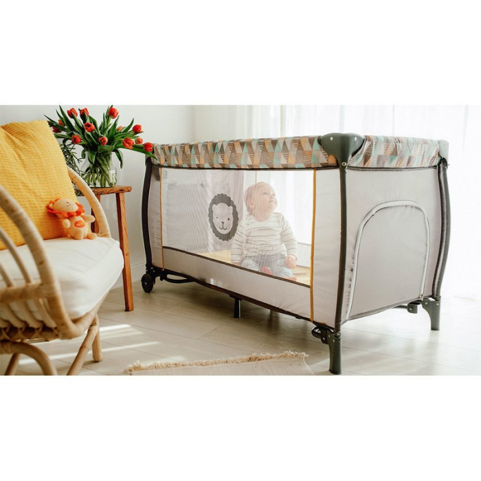 Lionelo - Patut pliant cu doua nivele Sven Plus, 120x60 cm, arcada jucarii, masuta de infasat, vibratii, melodii, conform cu standardele europeane de securitate EN716 si EN12221, Turcoaz/Gri [15]
