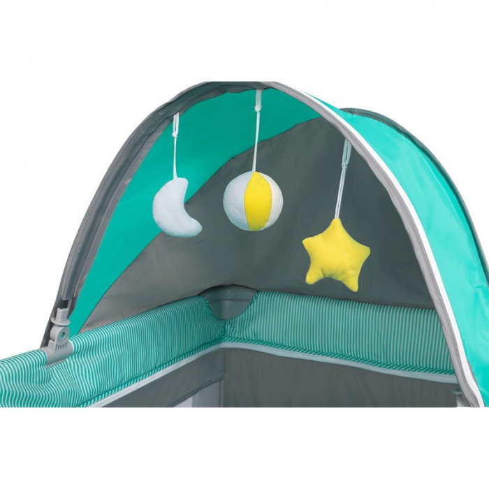 Lionelo - Patut pliant cu doua nivele Sven Plus, 120x60 cm, arcada jucarii, masuta de infasat, vibratii, melodii, conform cu standardele europeane de securitate EN716 si EN12221, Turcoaz/Gri [9]