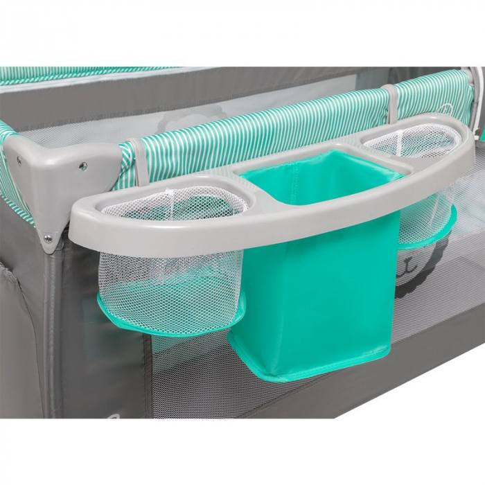 Lionelo - Patut pliant cu doua nivele Sven Plus, 120x60 cm, arcada jucarii, masuta de infasat, vibratii, melodii, conform cu standardele europeane de securitate EN716 si EN12221, Turcoaz/Gri [7]