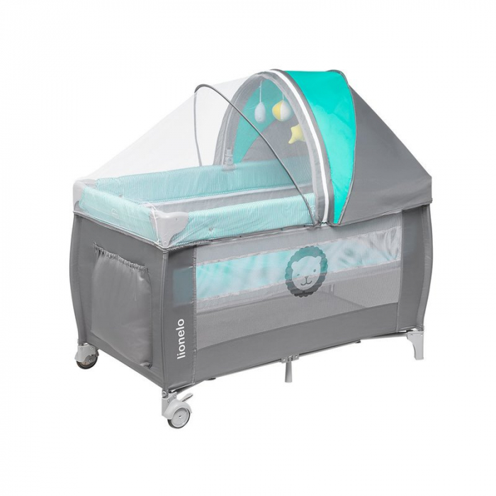 Lionelo - Patut pliant cu doua nivele Sven Plus, 120x60 cm, arcada jucarii, masuta de infasat, vibratii, melodii, conform cu standardele europeane de securitate EN716 si EN12221, Turcoaz/Gri [3]