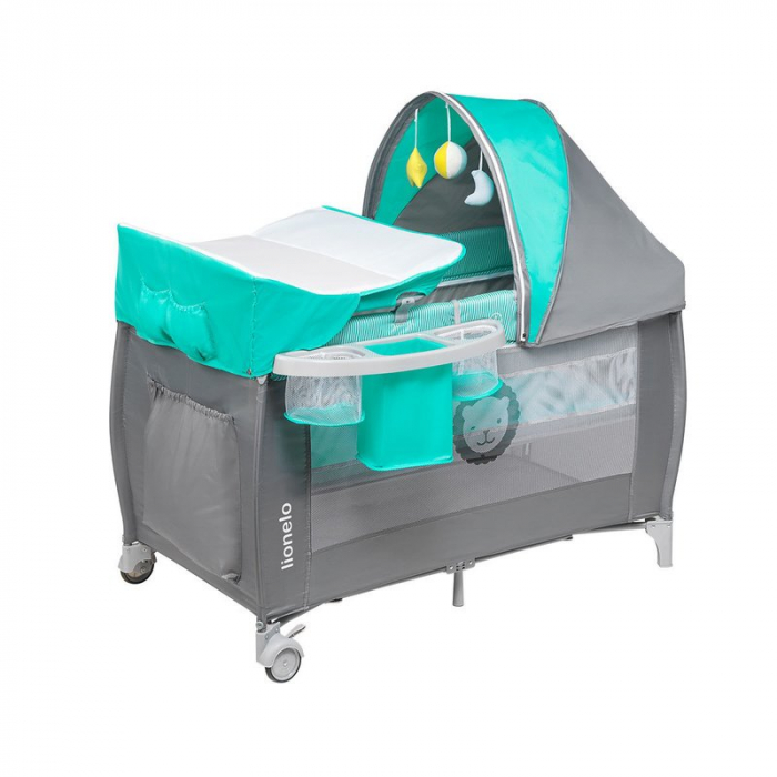 Lionelo - Patut pliant cu doua nivele Sven Plus, 120x60 cm, arcada jucarii, masuta de infasat, vibratii, melodii, conform cu standardele europeane de securitate EN716 si EN12221, Turcoaz/Gri [2]