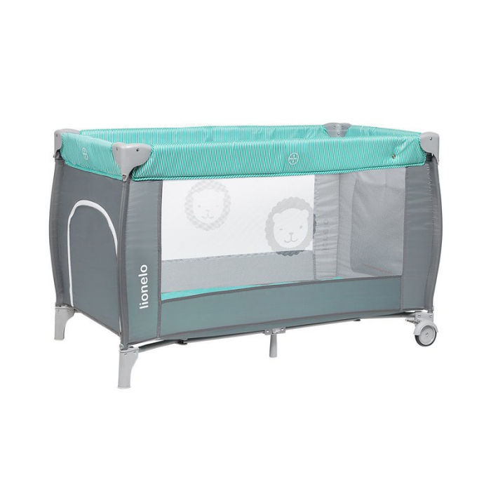 Lionelo - Patut pliant cu doua nivele Sven Plus, 120x60 cm, arcada jucarii, masuta de infasat, vibratii, melodii, conform cu standardele europeane de securitate EN716 si EN12221, Turcoaz/Gri [5]
