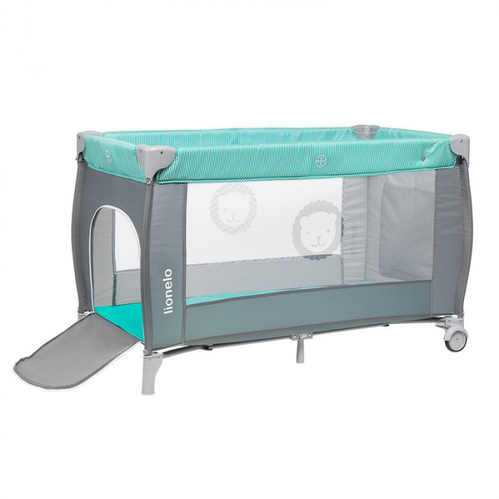 Lionelo - Patut pliant cu doua nivele Sven Plus, 120x60 cm, arcada jucarii, masuta de infasat, vibratii, melodii, conform cu standardele europeane de securitate EN716 si EN12221, Turcoaz/Gri [4]
