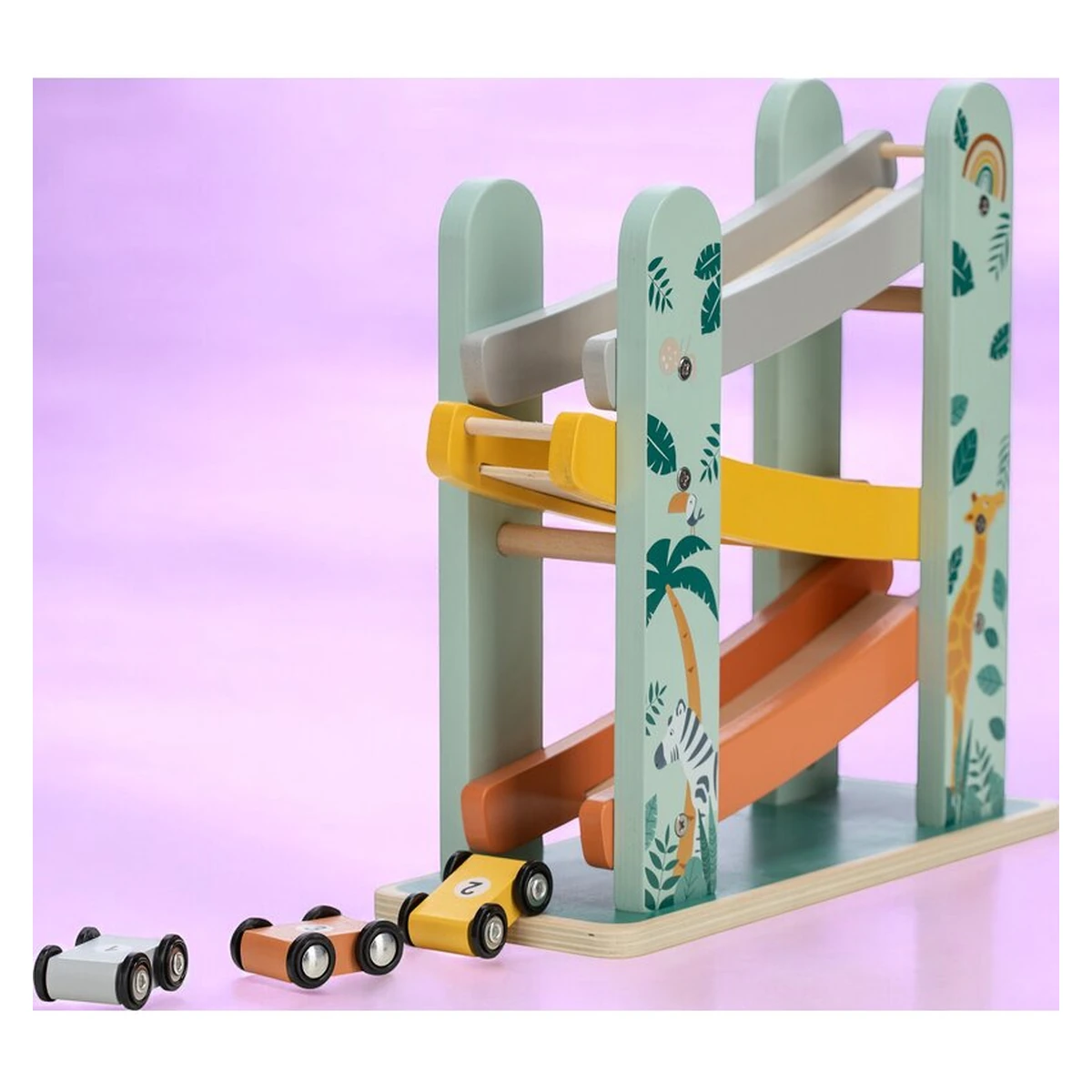 Pista de masini, Din lemn, Cu 3 masinute incluse, 26.9 x 23.6 x 7 cm [2]
