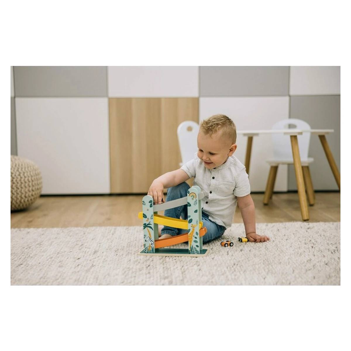 Pista de masini, Din lemn, Cu 3 masinute incluse, 26.9 x 23.6 x 7 cm [7]