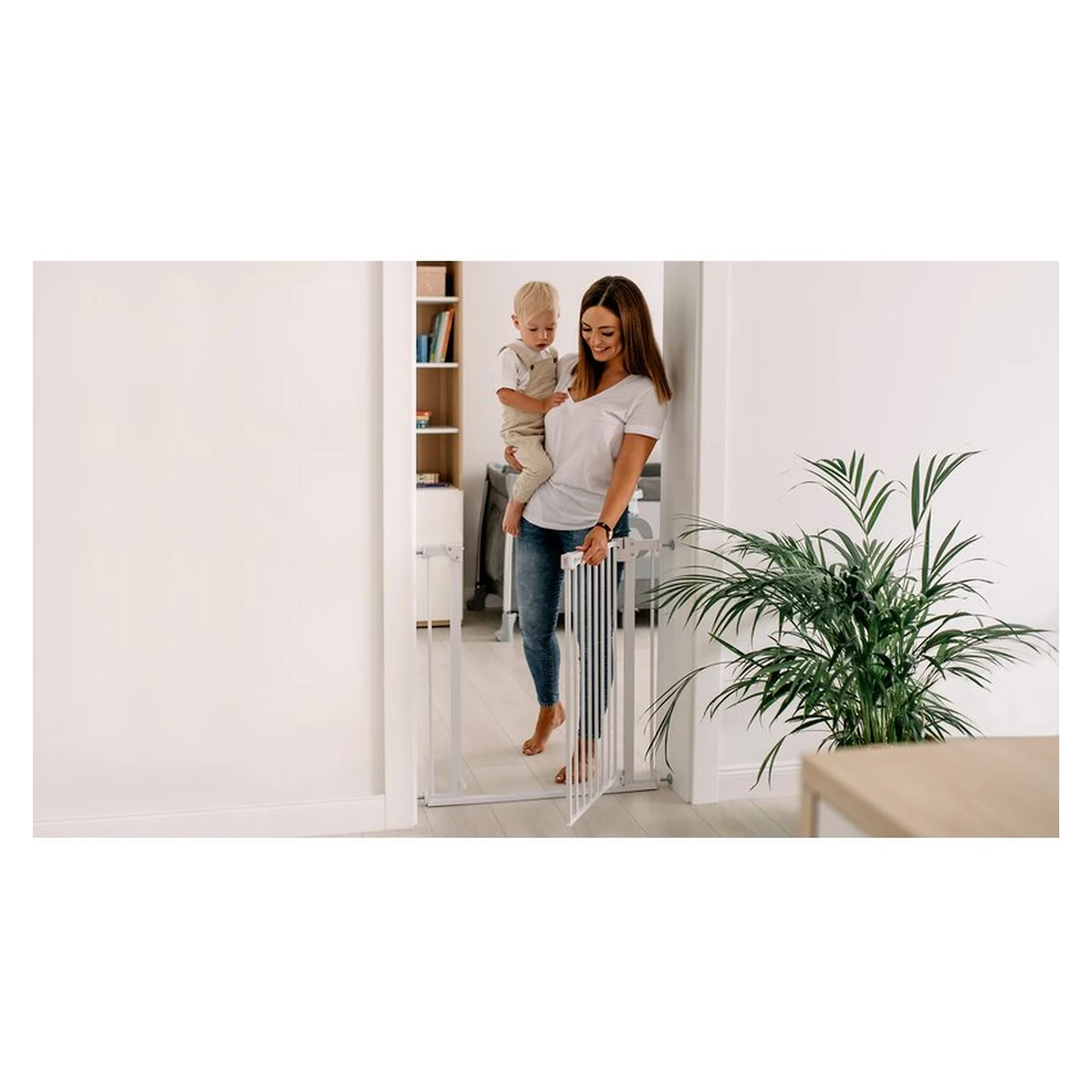 Poarta de siguranta prin presiune Truus Slim, 105 cm, Conform cu standardul europeane de securitate EN1930, Alb/Natur [20]