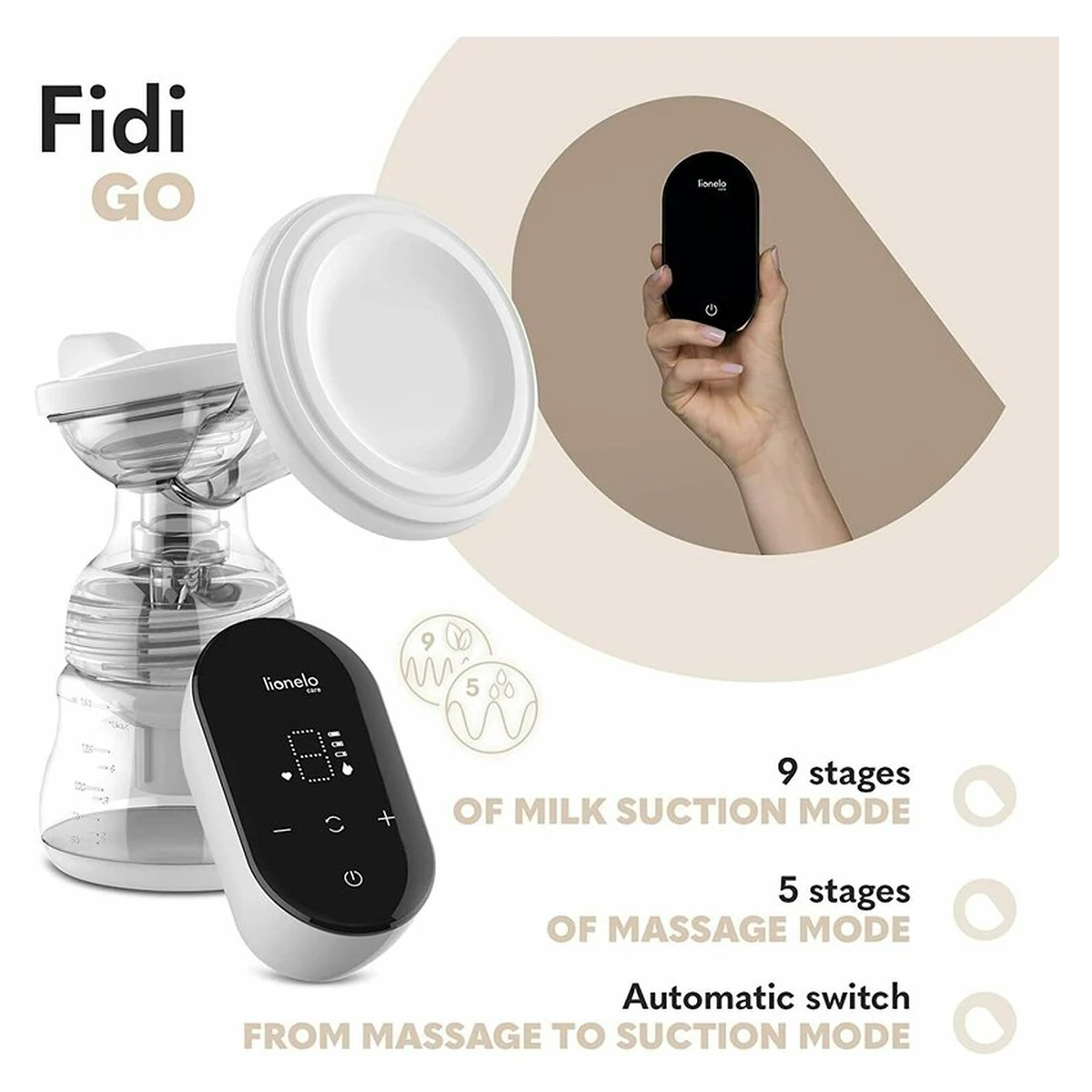 Pompa de san, Lionelo, Fidi Go, Functie de masaj, Autonomie pana la 90 min, Afisaj LED, Cu accesorii, Gri Pal [7]