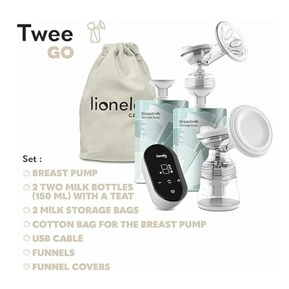 Pompa dubla de san, Lionelo, Electrica, 9 nivele de aspiratie, 5 moduri de masaj, Afisaj LED, Silentioasa, Include 2 recipiente de 150 ml si 2 pungi, cablu usb, Alb/gri [32]