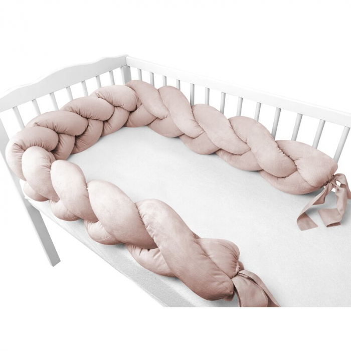 Protectie laterala, MimiNu, Pentru patut, Tip Bumper impletit, Din catifea, 220x23 cm, Beige Pink [3]