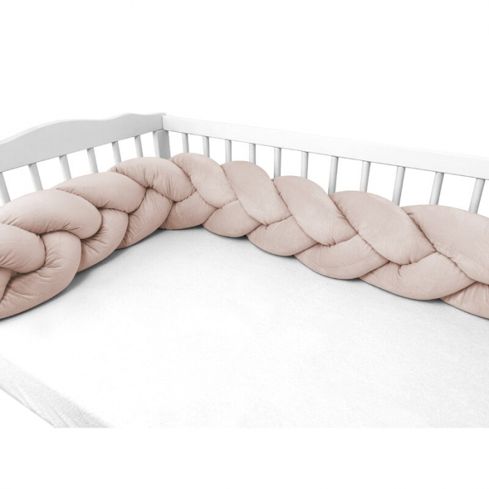 Protectie laterala, MimiNu, Pentru patut, Tip Bumper impletit, Din catifea, 220x23 cm, Beige Pink [4]