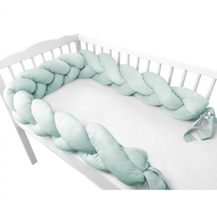 Protectie laterala, MimiNu, Pentru patut, Tip Bumper impletit, Din catifea, 220x23 cm, Cold Mint [3]