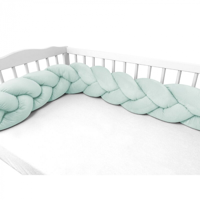 Protectie laterala, MimiNu, Pentru patut, Tip Bumper impletit, Din catifea, 220x23 cm, Cold Mint [4]