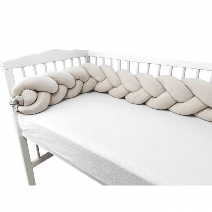 Protectie laterala, MimiNu, Pentru patut, Tip Bumper impletit, Din catifea, 240x23 cm, Soft, Beige [4]