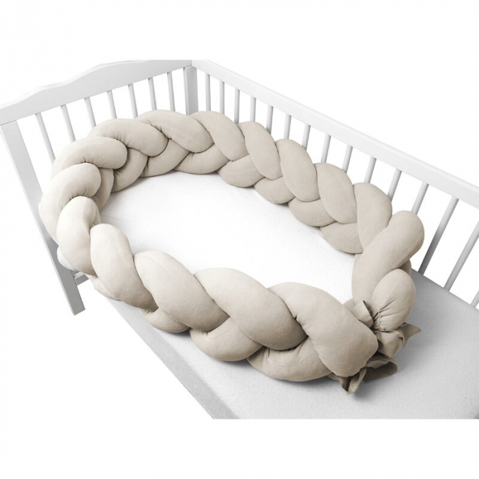 Protectie laterala, MimiNu, Pentru patut, Tip Bumper impletit, Din catifea, 240x23 cm, Soft, Beige [2]