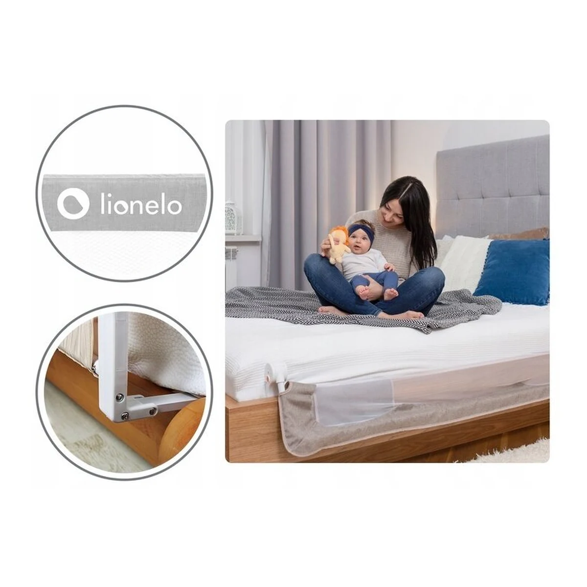 Protectie laterala pat, Lionelo, Eva, Cu buzunar accesorii, 150x35 cm, Bej [18]