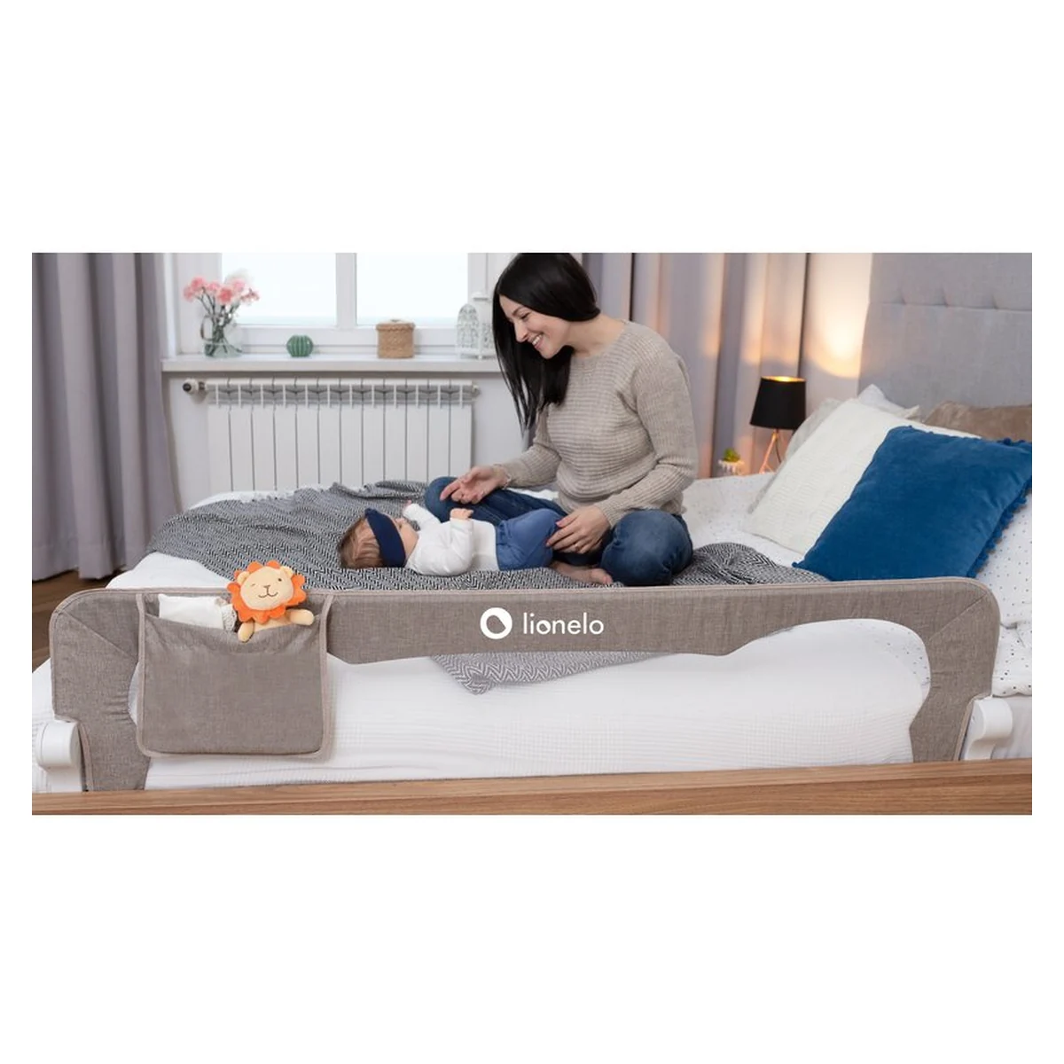 Protectie laterala pat, Lionelo, Eva, Cu buzunar accesorii, 150x35 cm, Bej [12]