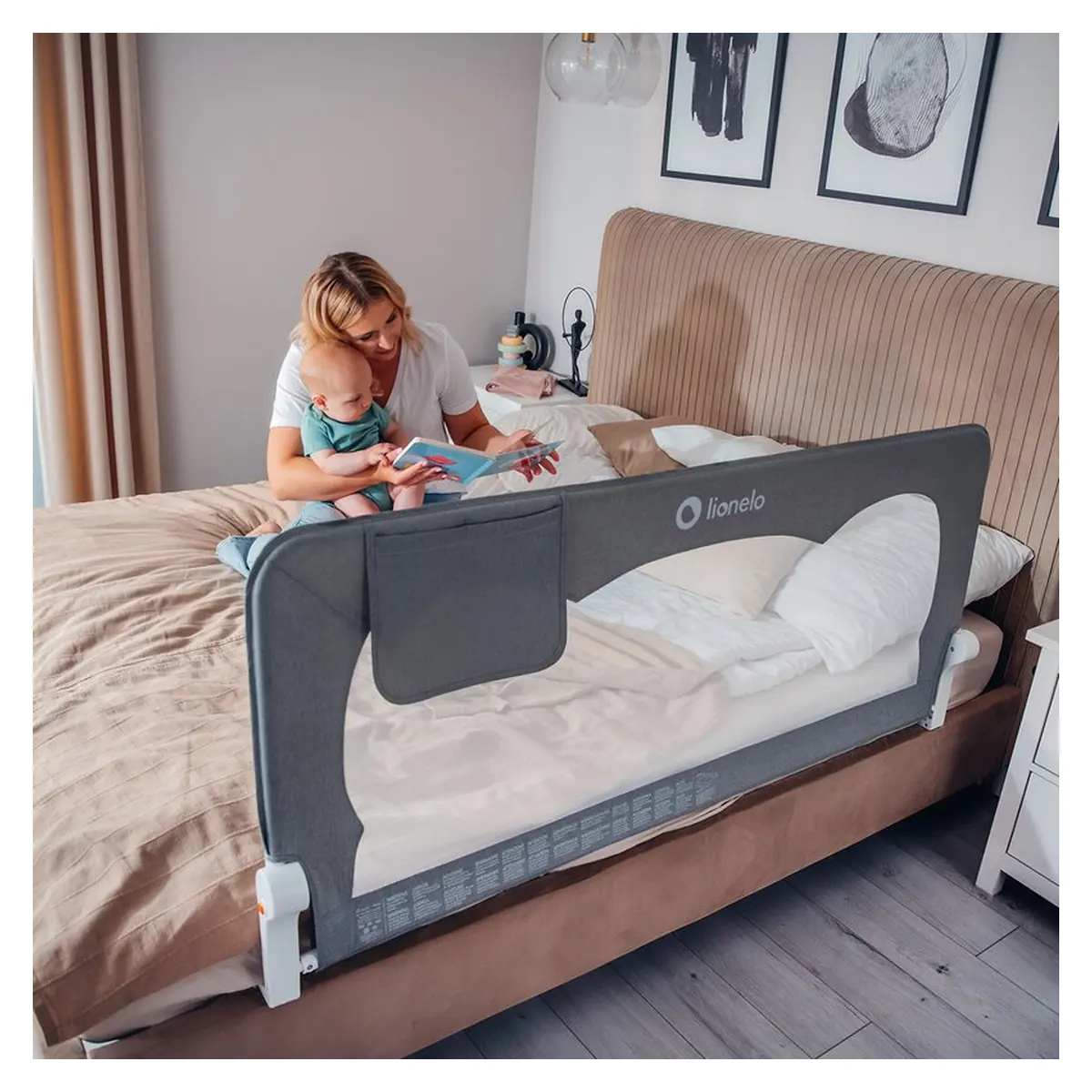 Protectie laterala pat, Lionelo, Hanna, Cu buzunar accesorii, 150x66 cm, Bej [7]