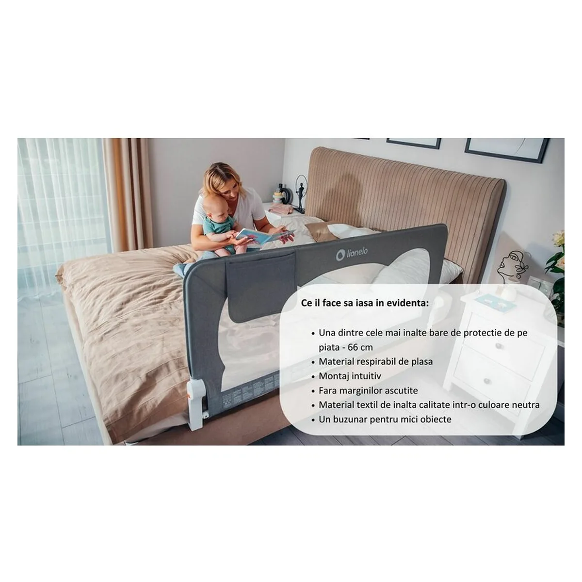 Protectie laterala pat, Lionelo, Hanna, Cu buzunar accesorii, 150x66 cm, Bej [13]