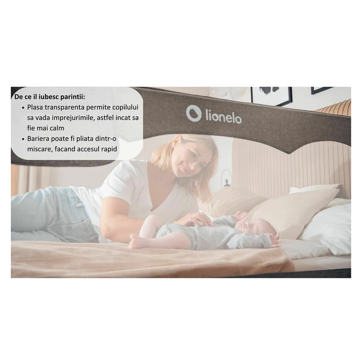 Protectie laterala pat, Lionelo, Hanna, Cu buzunar accesorii, 150x66 cm, Bej [12]