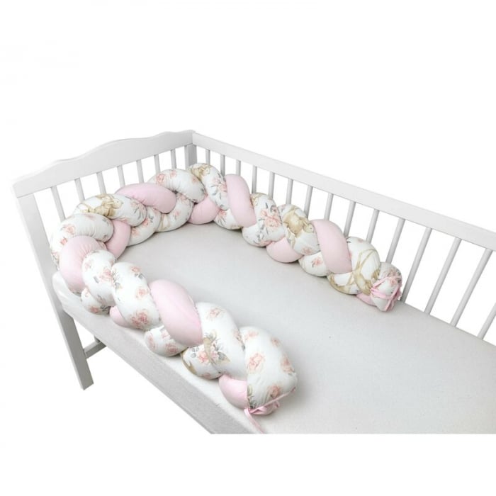 Protectie laterala pentru patut bebe, Tip Bumper impletit, Din bumbac, Lungime 220 cm, Sweet Deer Pink [2]