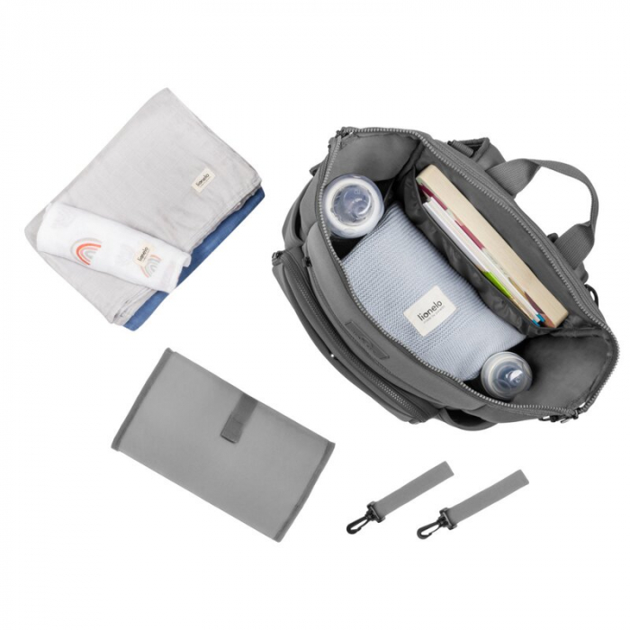 Lionelo - Rucsac impermeabil pentru mamici Cube, Cu 12 compartimente si salteluta de schimbat, Cu prindere universala de carucior, 36 x 36 x 23 cm, Gri [2]