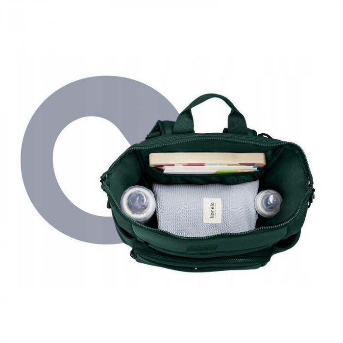 Lionelo - Rucsac impermeabil pentru mamici Cube, Cu 12 compartimente si salteluta de schimbat, Cu prindere universala de carucior, 36 x 36 x 23 cm, Verde [11]