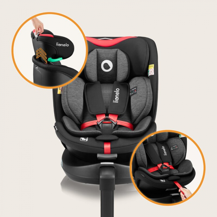 Scaun auto, Lionelo, i-Size Navy, 0-36 Kg, 40-150 cm, Cu isofix si picior de fixare, Protectie laterala, Rotire 360 grade, Negru/Rosu [39]