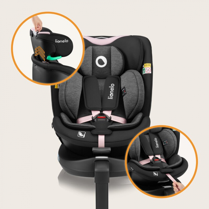 Scaun auto, Lionelo, i-Size Navy, 0-36 Kg, 40-150 cm, Cu isofix si picior de fixare, Protectie laterala, Rotire 360 grade, Negru/Roz [39]