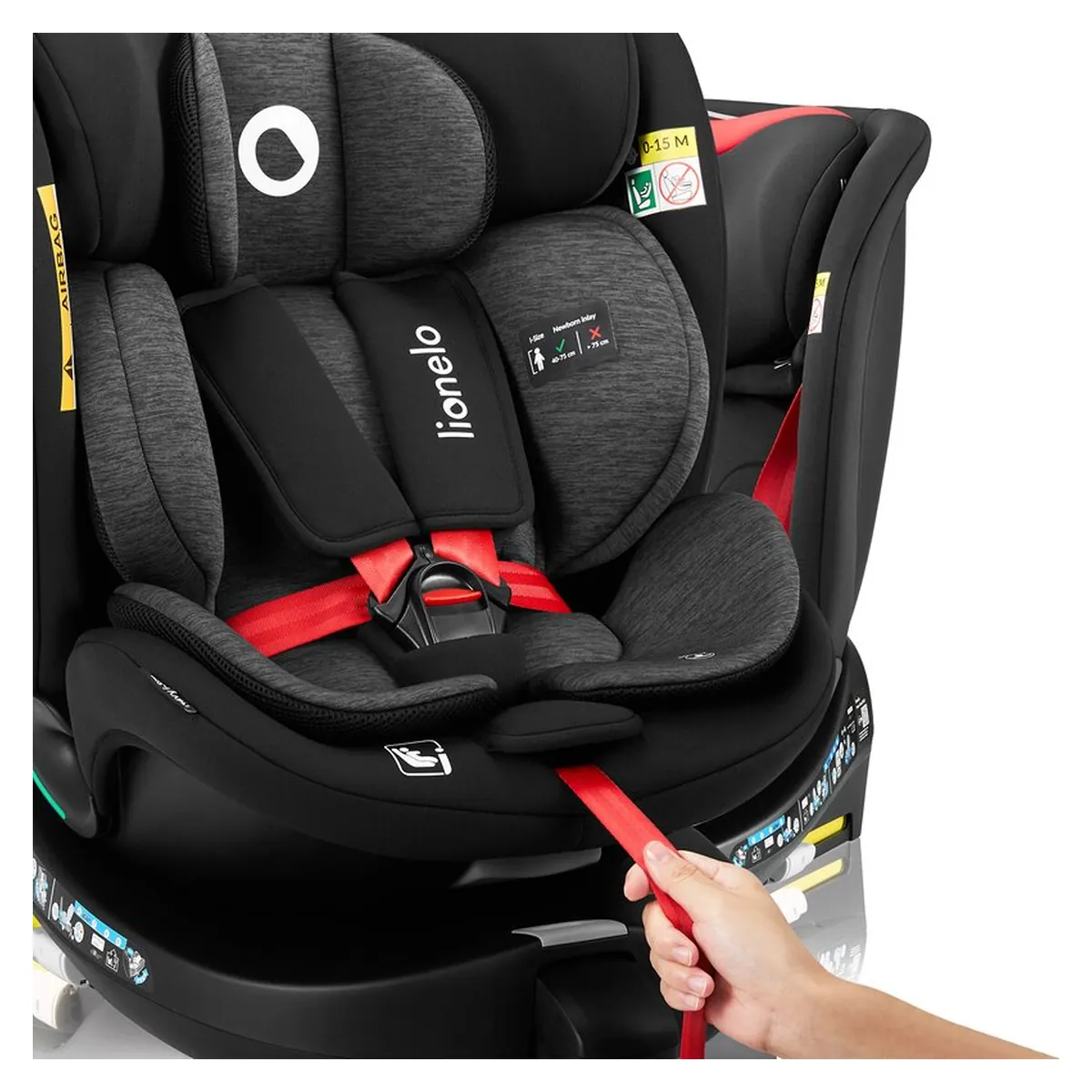 Scaun auto, Lionelo, i-Size Navy, 0-36 Kg, 40-150 cm, Cu isofix si picior de fixare, Protectie laterala, Rotire 360 grade, Negru/Rosu [22]