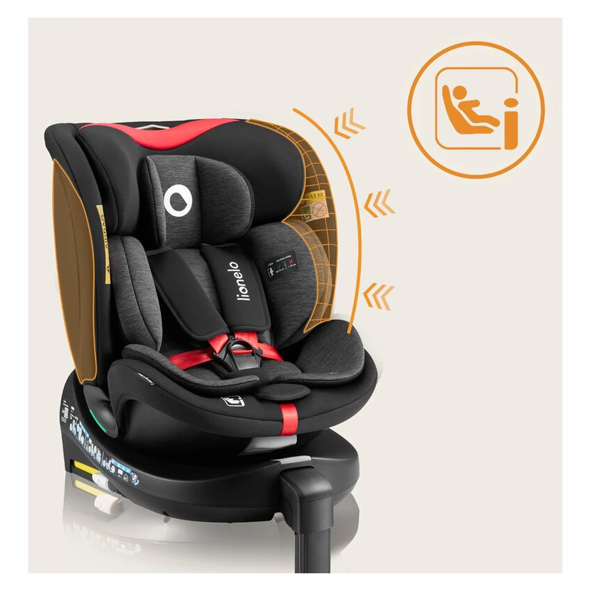 Scaun auto, Lionelo, i-Size Navy, 0-36 Kg, 40-150 cm, Cu isofix si picior de fixare, Protectie laterala, Rotire 360 grade, Negru/Rosu [35]