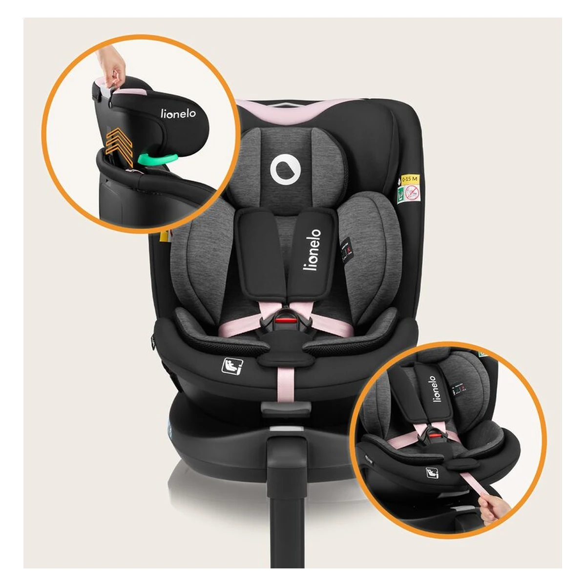 Scaun auto, Lionelo, i-Size Navy, 0-36 Kg, 40-150 cm, Cu isofix si picior de fixare, Protectie laterala, Rotire 360 grade, Negru/Roz [41]