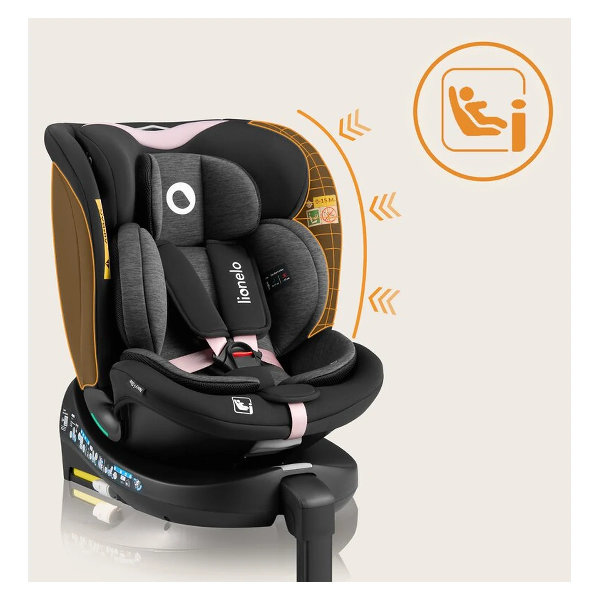 Scaun auto, Lionelo, i-Size Navy, 0-36 Kg, 40-150 cm, Cu isofix si picior de fixare, Protectie laterala, Rotire 360 grade, Negru/Roz [35]