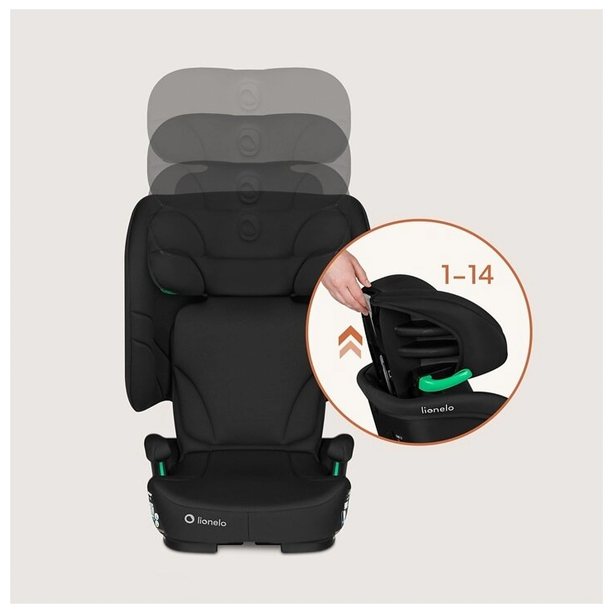 Scaun auto pliabil, Lionelo, Orin, i-Size, 100-150 cm, Isofix+Top Tether, Husa transport, Negru Carbon [16]