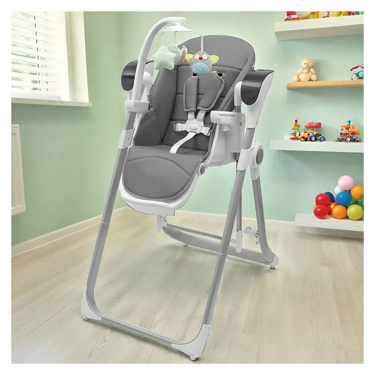 Scaun de masa 2 in 1, New Baby, Smart, leagan pentru copii, telecomanda, 5 viteze de leganare, melodii si jucarii, 0-36 luni, Grey [2]