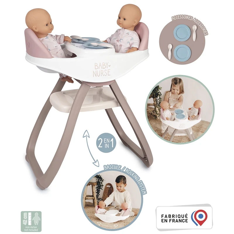 Scaun de masa pentru papusi Smoby Baby Nurse Twin 2 in 1 maro [1]