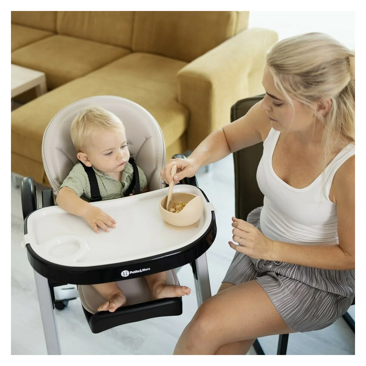 Scaun de masa, Petite&Mars, Tasty, Spatar, suport picioare si tavita reglabile, Cu roti, Mature Olive [3]