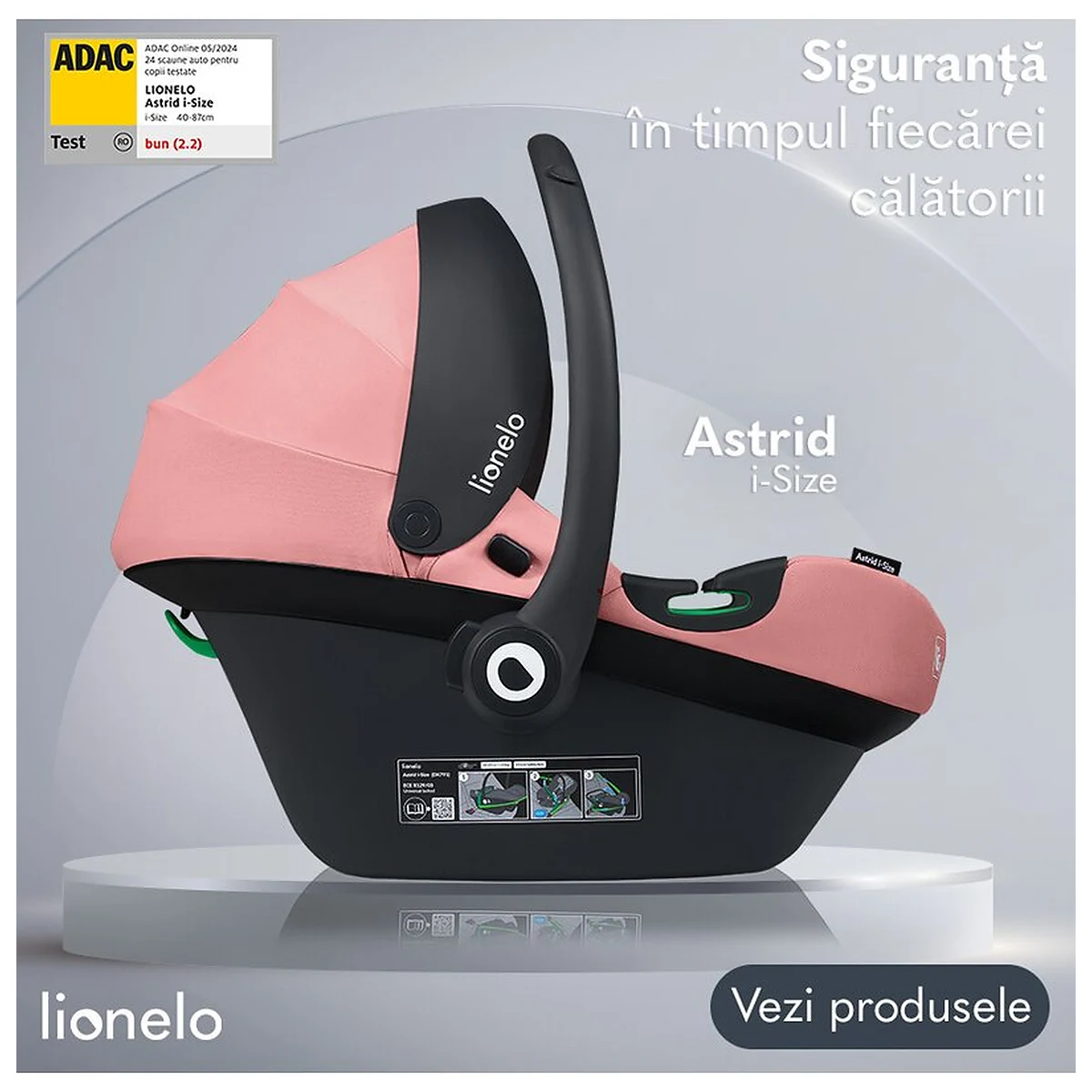 Scoica auto, Lionelo, i-Size Astrid, 0-13 Kg, 40-87 cm, Testat ADAC, Roz [13]