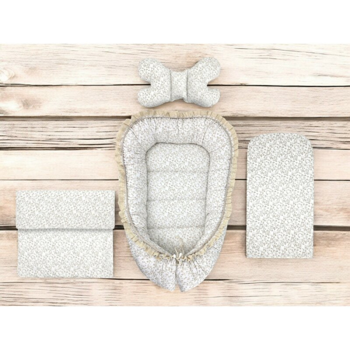 Set 4 in 1 Cosulet bebelus, MimiNu, Premium, Baby Cocoon 75x55 cm, Cu volanase si dantela, Din bumbac certificat Oeko [3]