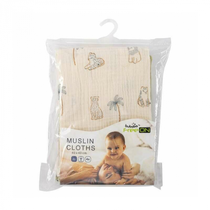 Set 4 lavete pentru ingrijirea bebelusilor, Bubaba, Din muselina, 40x40 cm, Green/Beige [3]