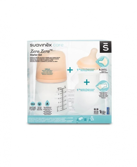Set biberon anticolici 180 ml + tetină cu debit variabil + săculeț silicon Zero Zero Suavinex [1]