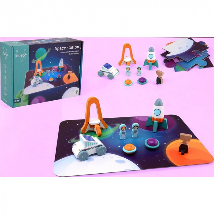 Set de joaca, Joueco, Statie spatiala, Include o plansa si 6 figurine in forma de elemente spatiale, 12 luni+, Multicolor [2]