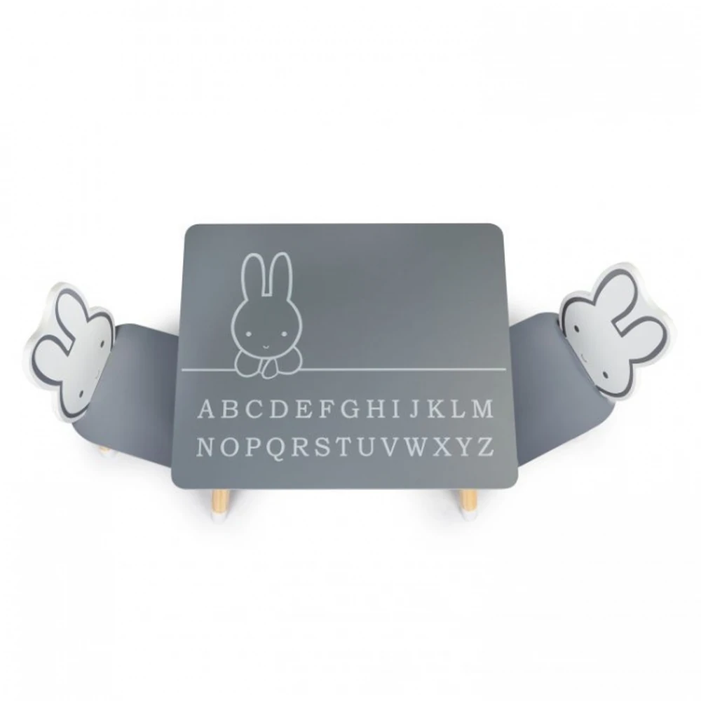 Set de masa cu alfabet si doua scaune in forma de iepuras pentru copii Ecotoys - Gri si natur [4]