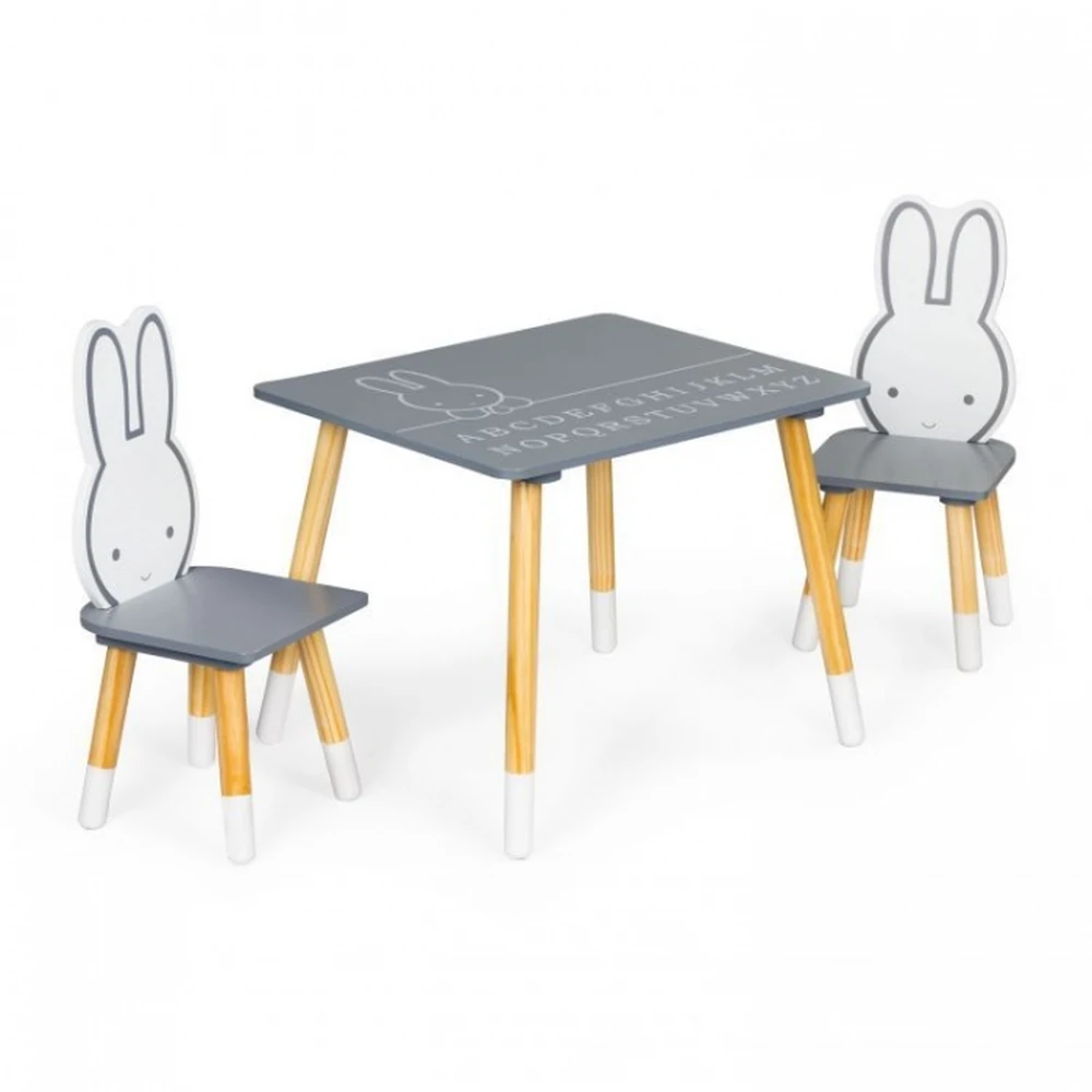 Set de masa cu alfabet si doua scaune in forma de iepuras pentru copii Ecotoys - Gri si natur [1]