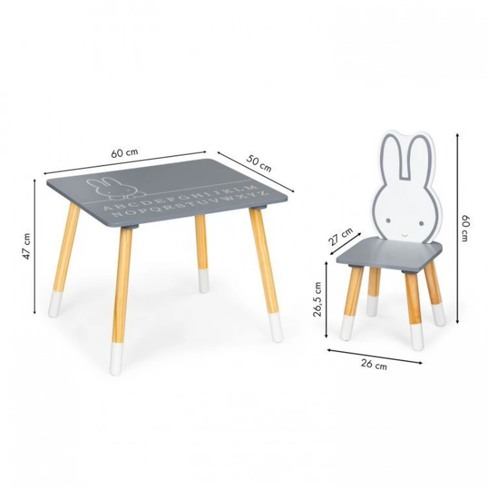 Set de masa cu alfabet si doua scaune in forma de iepuras pentru copii Ecotoys - Gri si natur [7]
