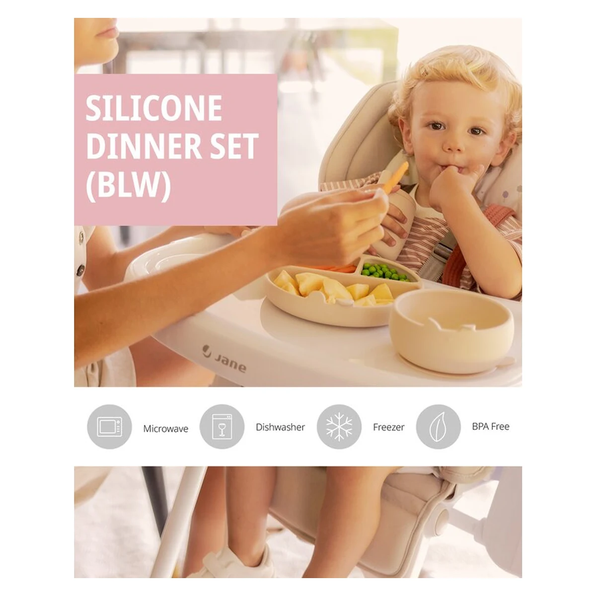 Set de masa, Jane, Din silicon, 2 piese, Cu bol si lingurita, BPA Free, Mint [6]